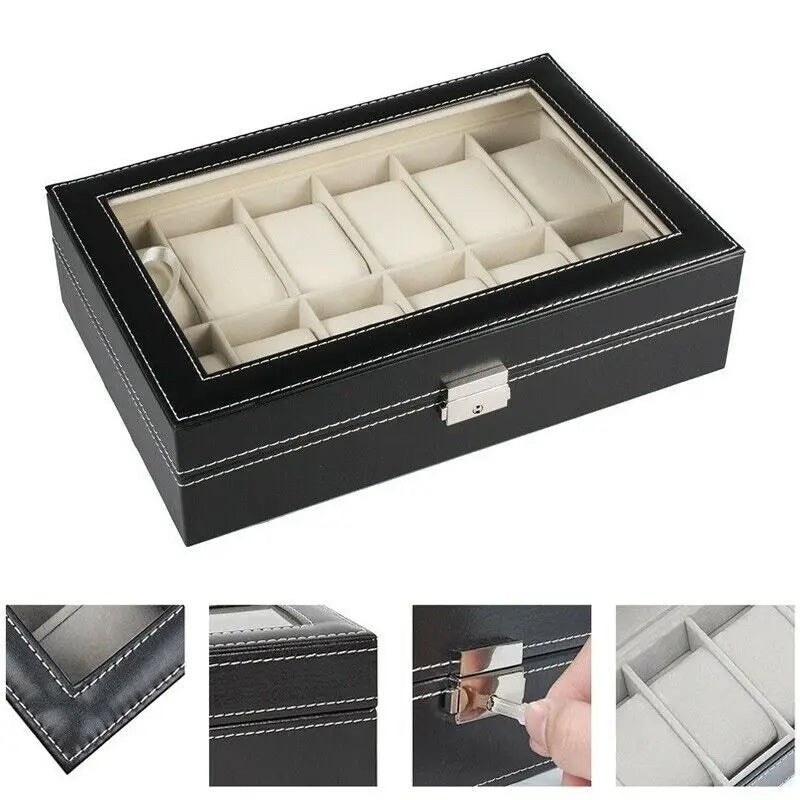 12 Grids PU Leather Watch Display Case Organizer Top Glass Bracelet Jewelry Collection Storage Holder Exquisite Box