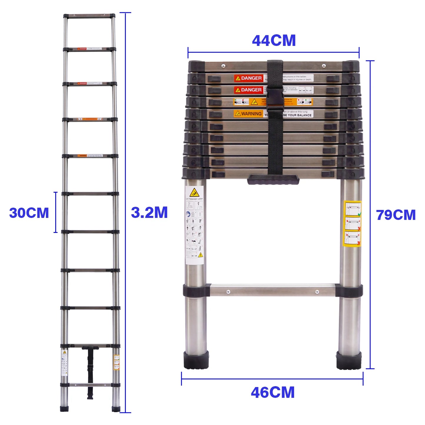 3.2M Telescopic Ladder 10.5FT Multi-Purpose Stainless Steel Telescoping Ladder Extendable Portable Sturdy Loft Ladder with EN131