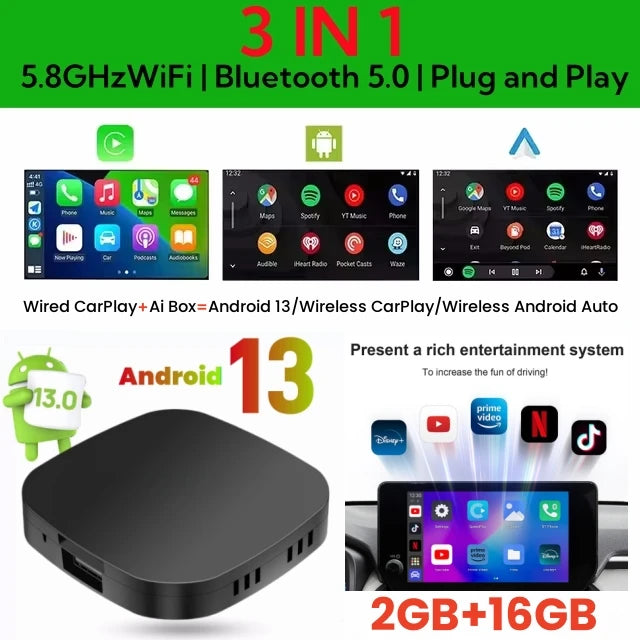 Carplay AI Box Android 13 Wireless Android Auto Smart TV Box For Youtube Netflix Toyota Mazda Hyundai Haval GMC Ford MG VW Kia