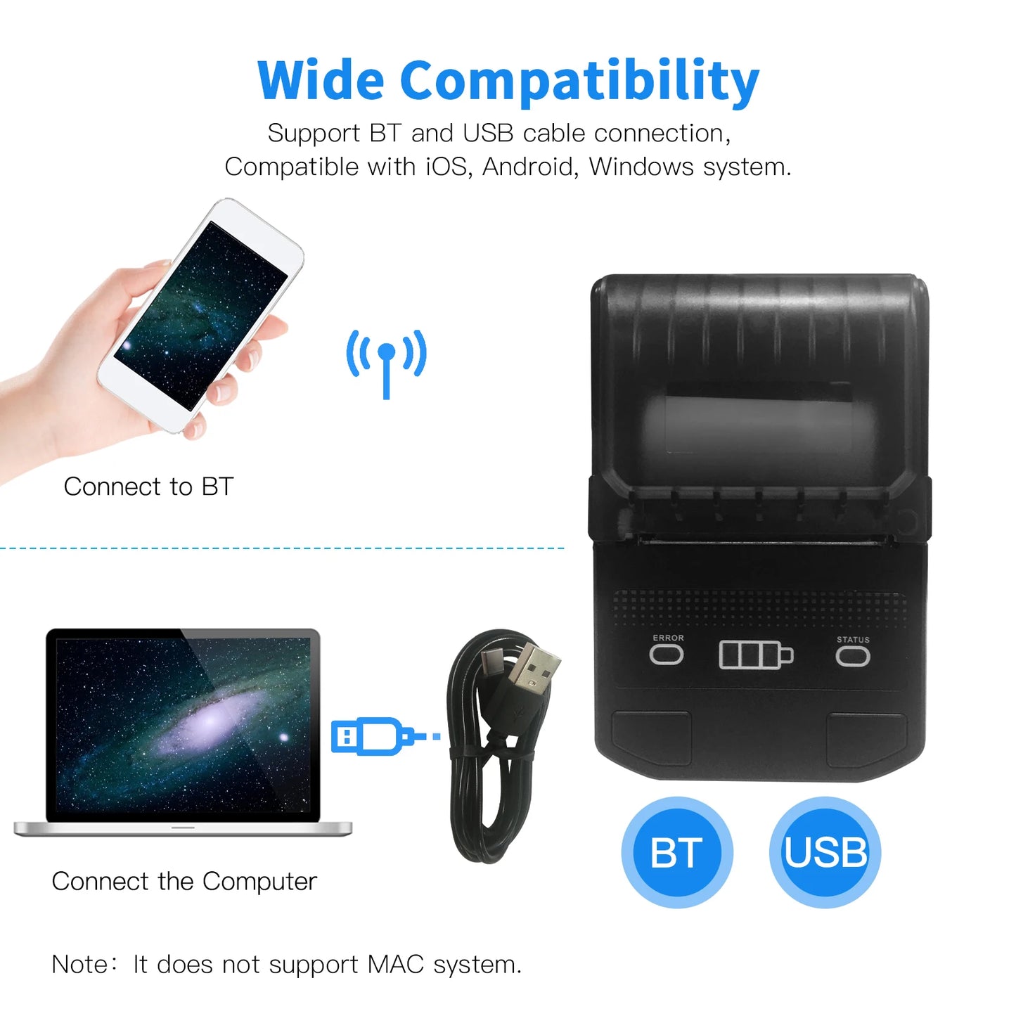 Portable 58mm Thermal Label Maker Wireless BT Mini Label Printer Barcode Printer w/Rechargeable Battery for Android iOS Windows