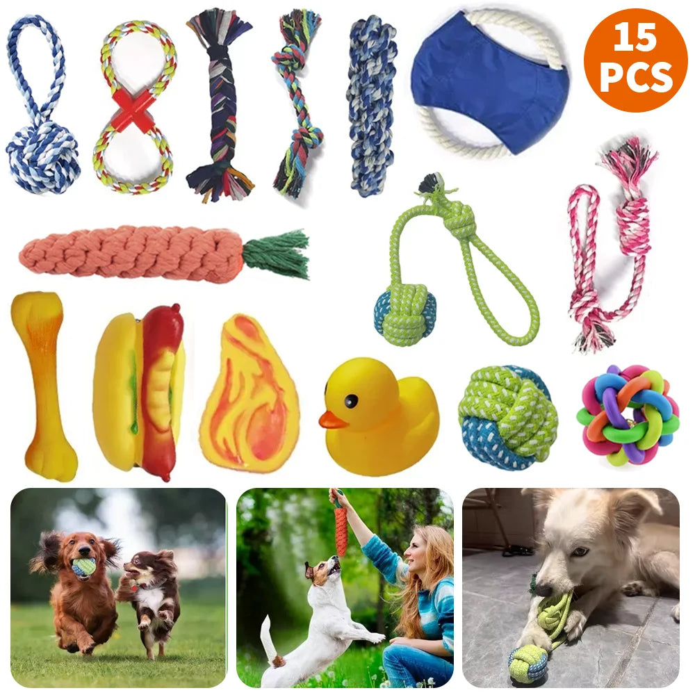 15pcs Dog Plush Toy, Dog Plush Toy Set, Tough Strong Knot Ball, Pet Puppy Teething Toy set, Interactive Training Play