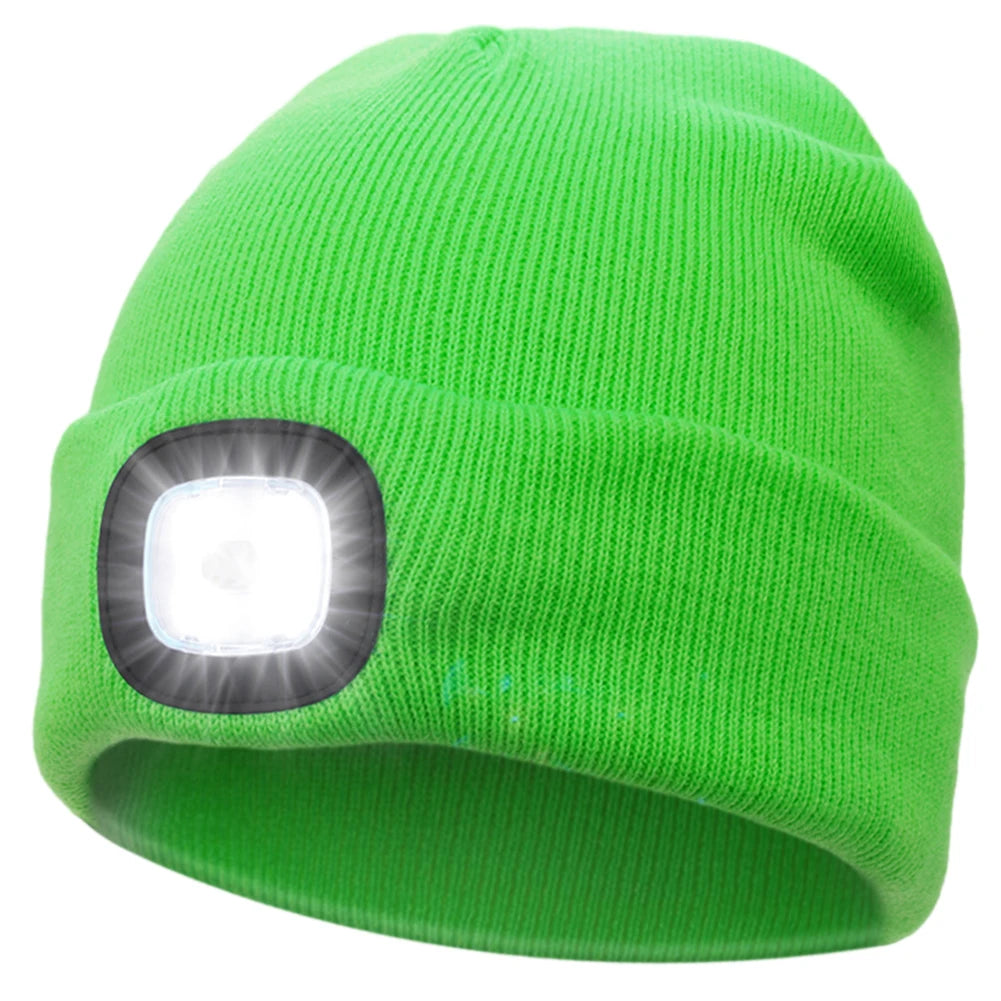Winter Warm Knit Beanie 8 Hours High Powered Light 4 LED Beanie Hat USB Rechargeable Hands Free Headlamp Cap for Running Hiking