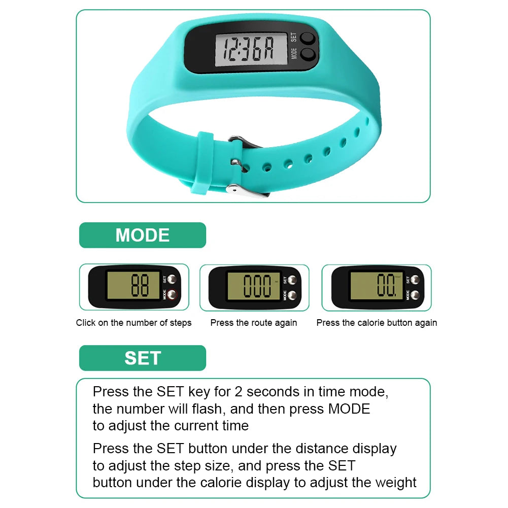 LED Pedometer Bracelet Walking Running Pedometer 12/24H Time Display Silicone Step Tracker Multi-Function for Outdoor Sports