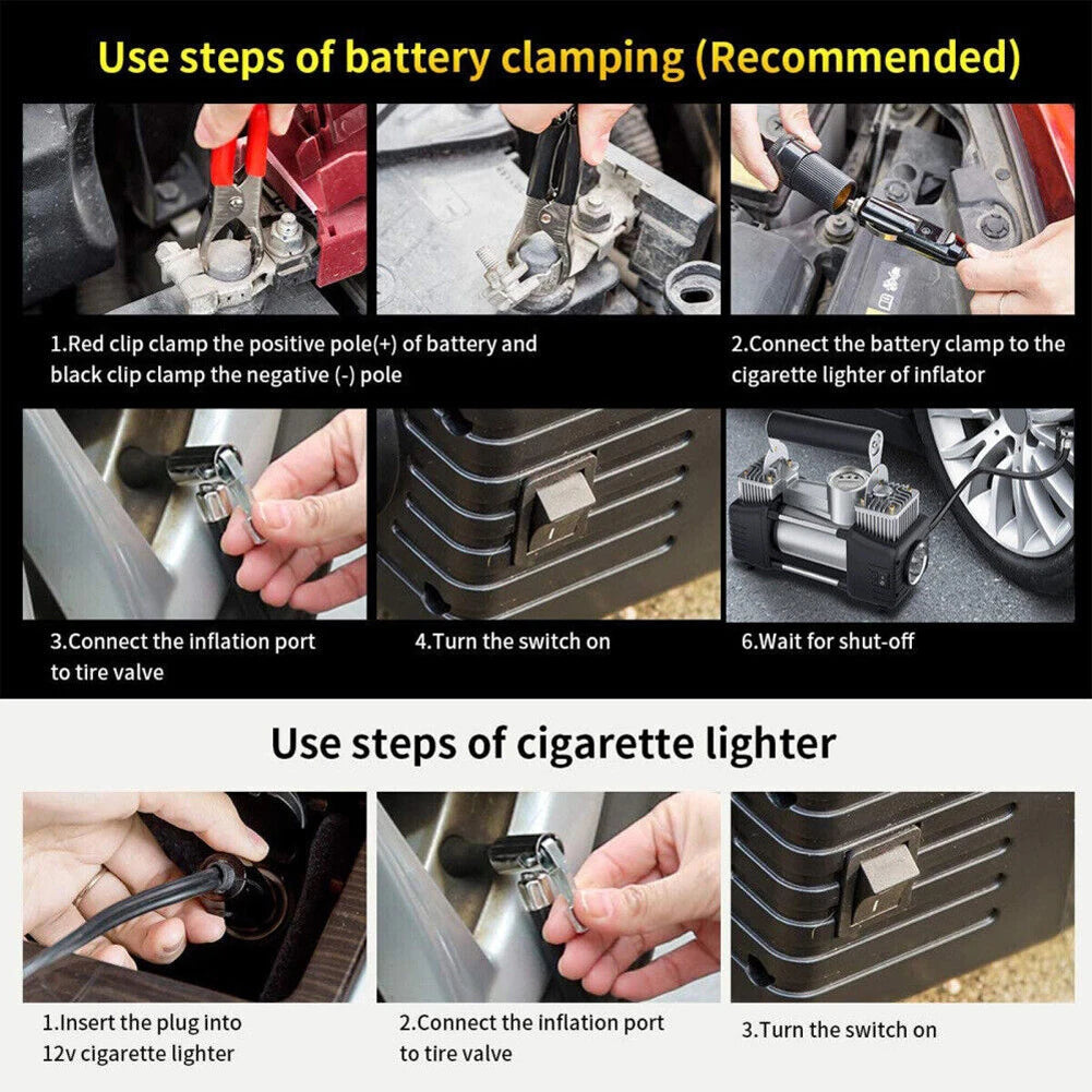 12V Portable Dual Cylinder Air Pump 150PSI Electric Car Tyre Inflator Automotive Inflation Pump Portable Dual Purpose Air Pump