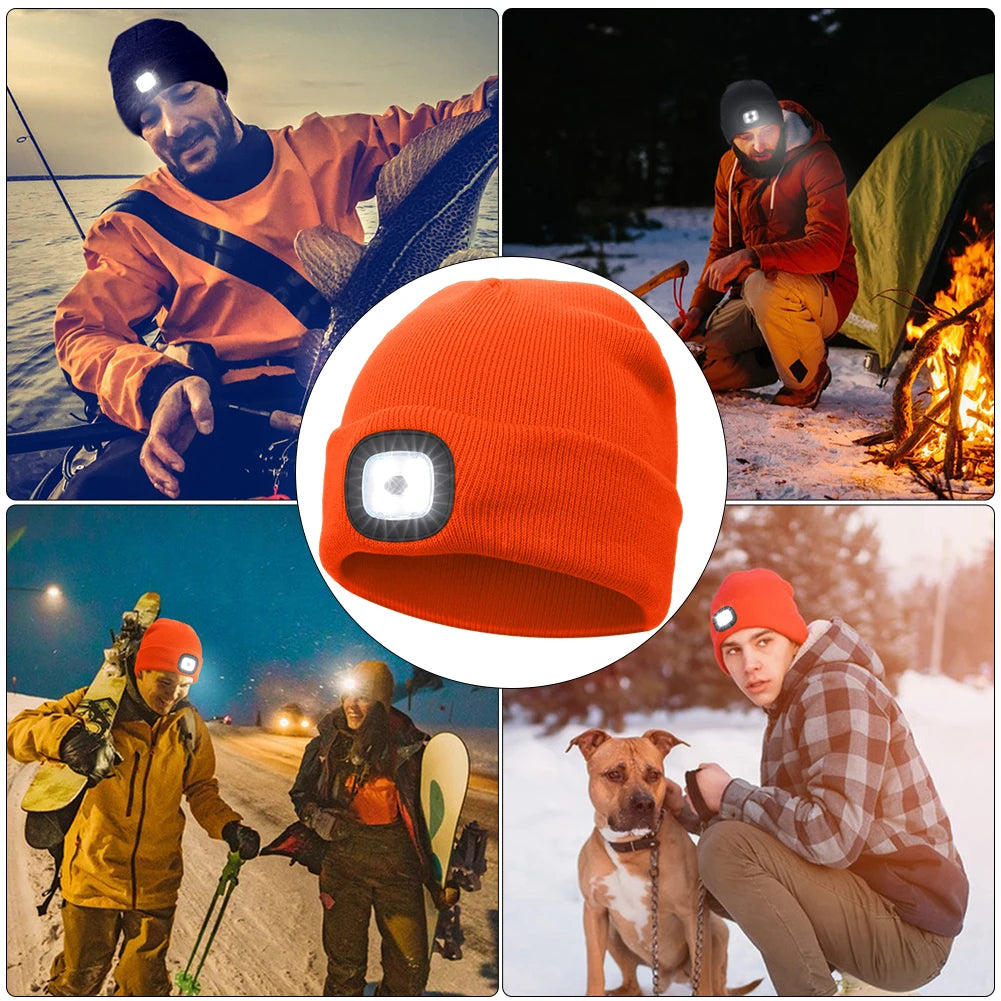 Winter Warm Knit Beanie 8 Hours High Powered Light 4 LED Beanie Hat USB Rechargeable Hands Free Headlamp Cap for Running Hiking