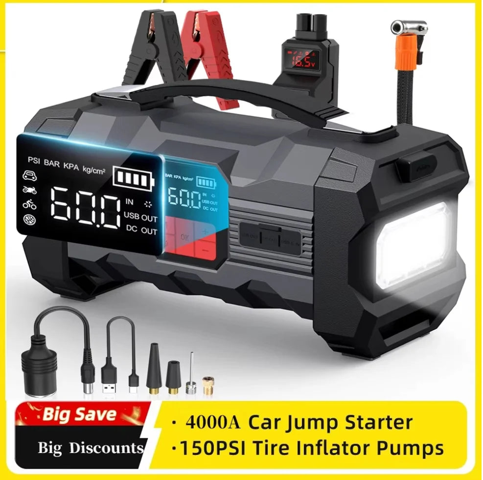 4 In 1 8000A Car Jump Starter 150PSI Air Pump Car Battery Booster Engine Starting Device Tire Air Compressor Power Bank