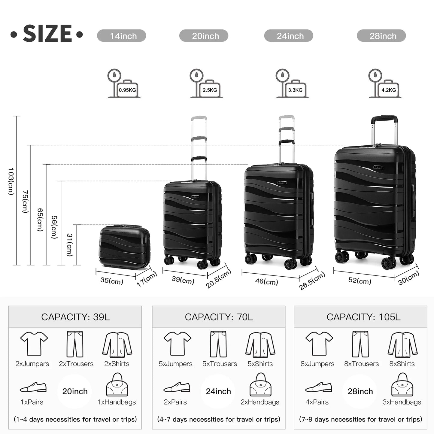 Kono Large Check in Luggage Lightweight Polypropylene Hard Shell Suitcase with TSA Lock Spinner Wheels