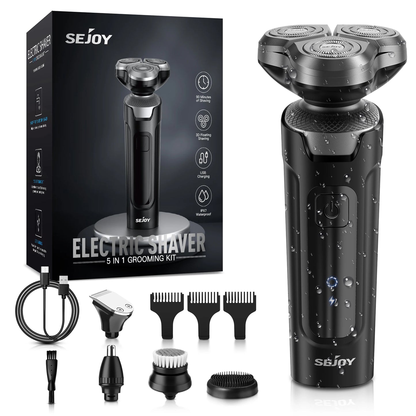 Sejoy Shaver Barber for Men 5 in 1 Electric Razor Rechargeable with Beard Trimmer Lithium Battery Portable Shavers for Travel