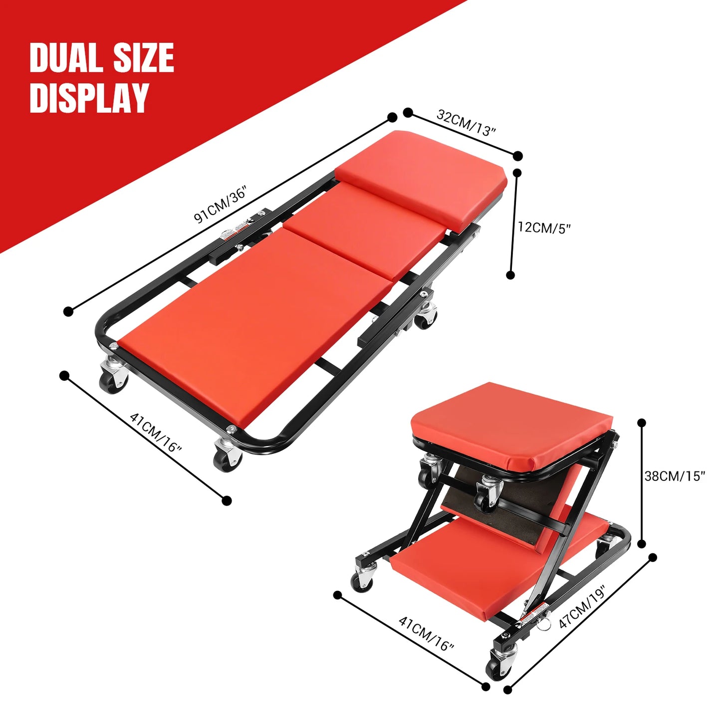 2-in-1 Folding Car Creeper, Heavy Duty Extended Rolling Mechanics Creeper, Z Creeper & Seat for Under Car Repair, 150kg LBS