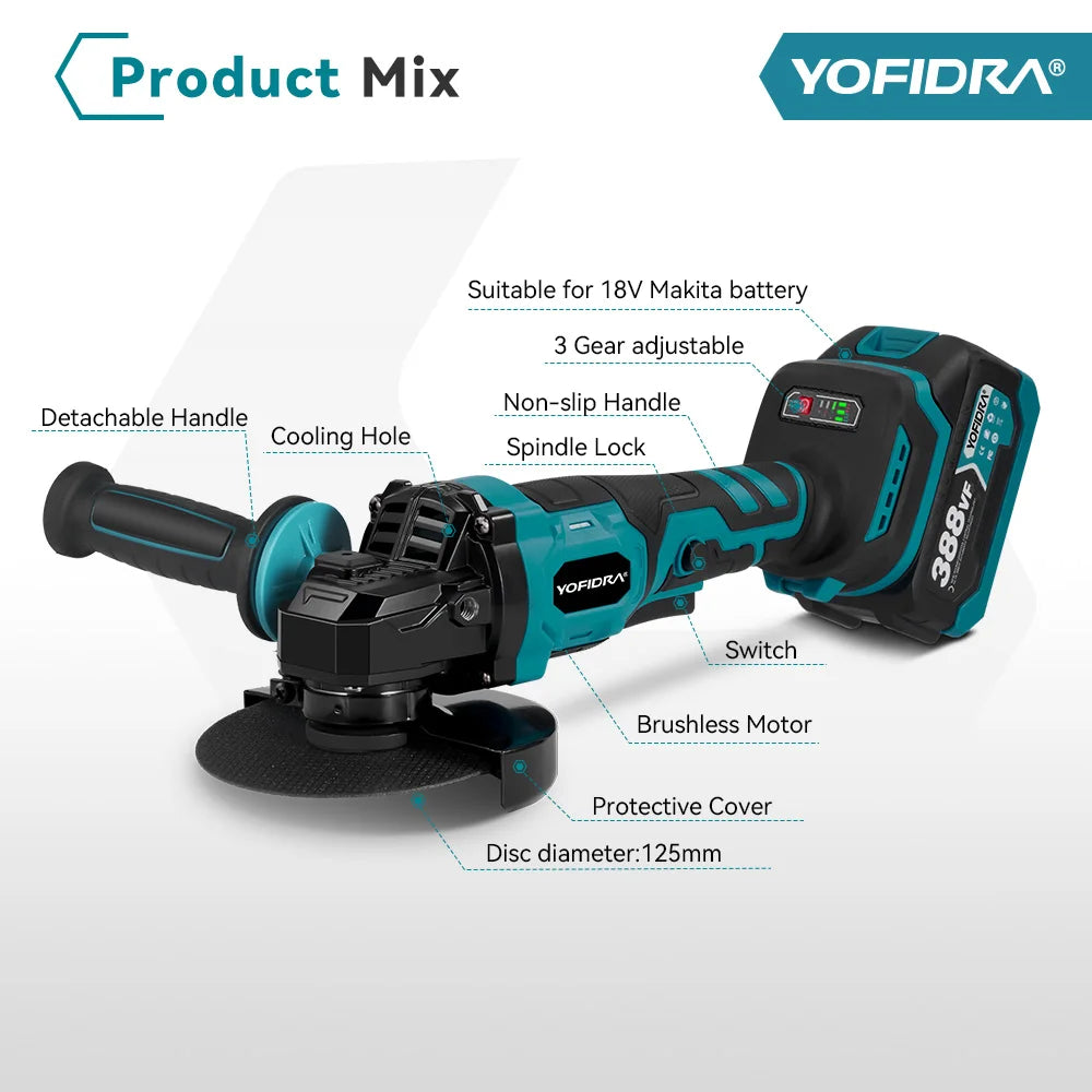 YOFIDRA 2in1 125mm Electric Brushless Angle Grinder 3Gears Woodworking Polisher Cutter Machine Power Tool For Makita Battery Pin