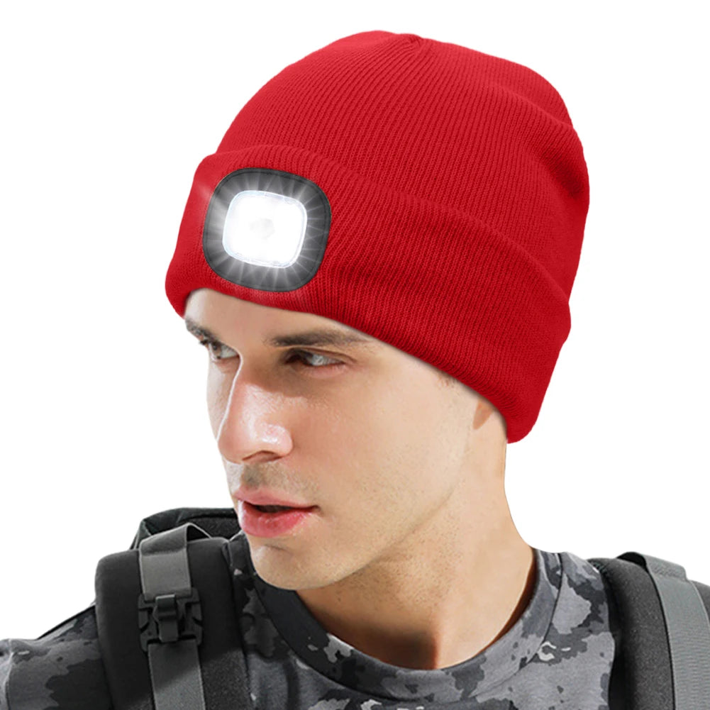 Winter Warm Knit Beanie 8 Hours High Powered Light 4 LED Beanie Hat USB Rechargeable Hands Free Headlamp Cap for Running Hiking