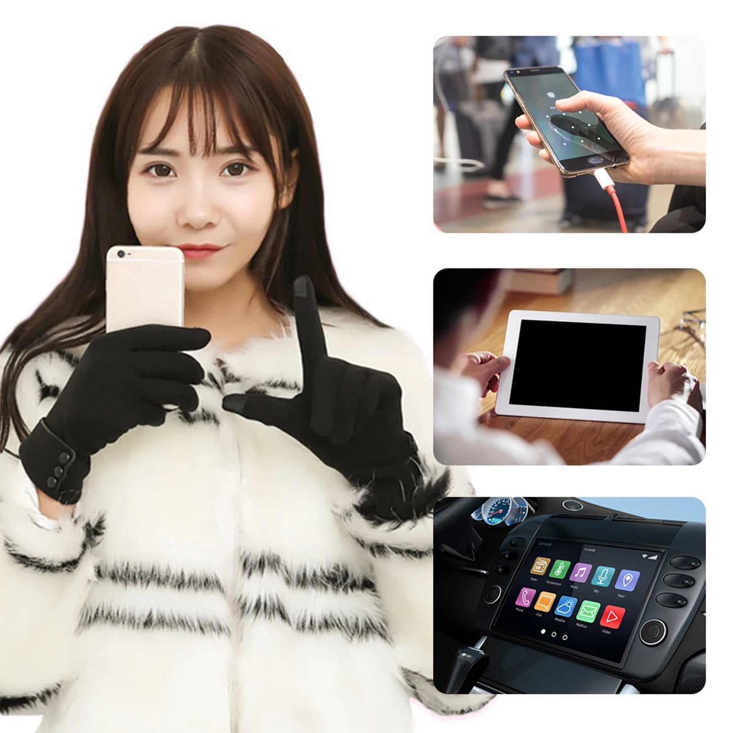 Windproof warm fleece gloves for women, touch screen, all sizes black