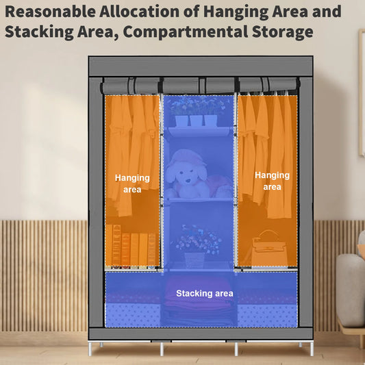 Canvas Wardrobe Clothes Closet Organizer Portable Storage Cupboard for Bedroom 128*45*170cm Fabric Closet