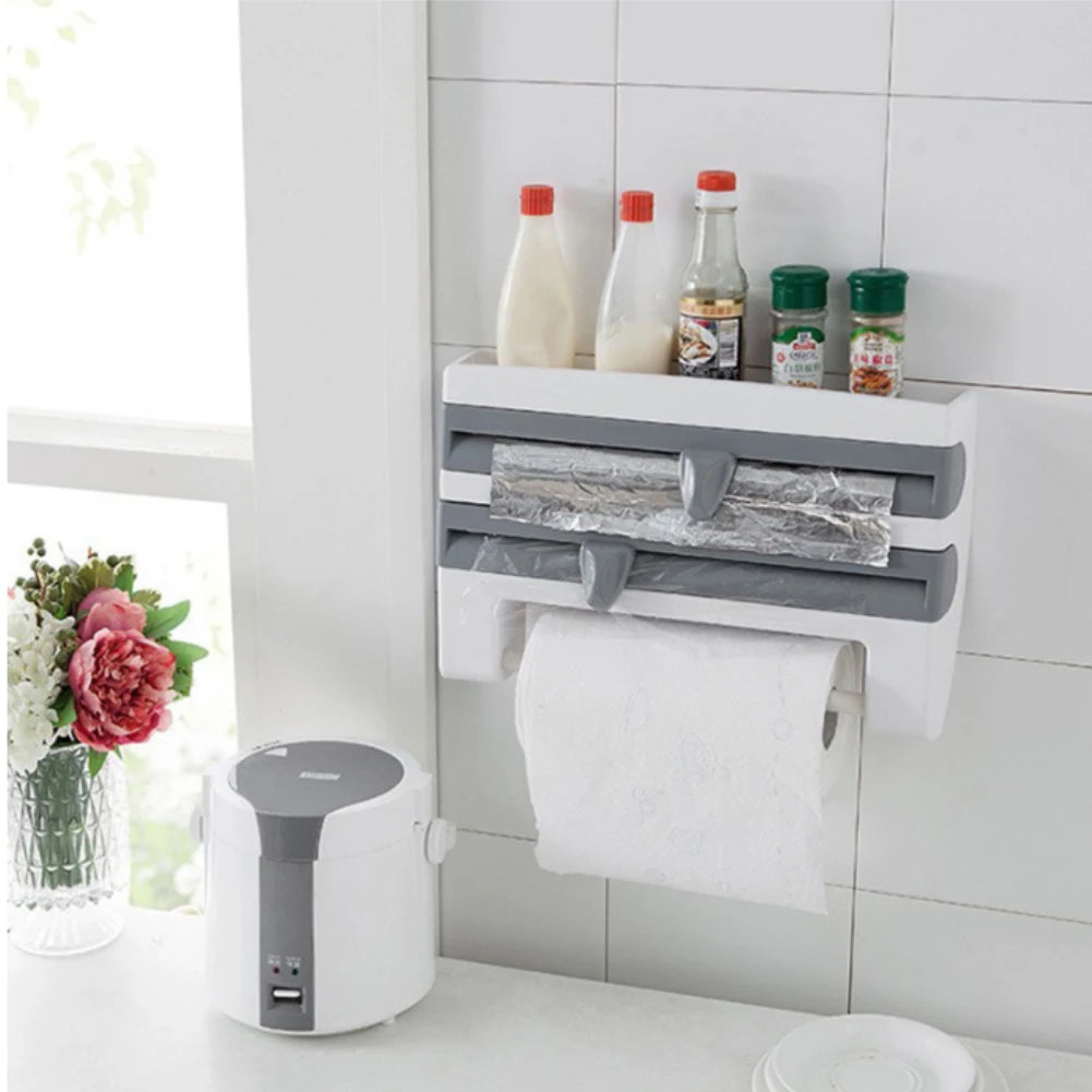 ABS Material Wall Mounted Kitchen Cling Film Dispenser with Cutter, Cling Film Aluminum Foil Roll Holder Paper Towel Holder Grey