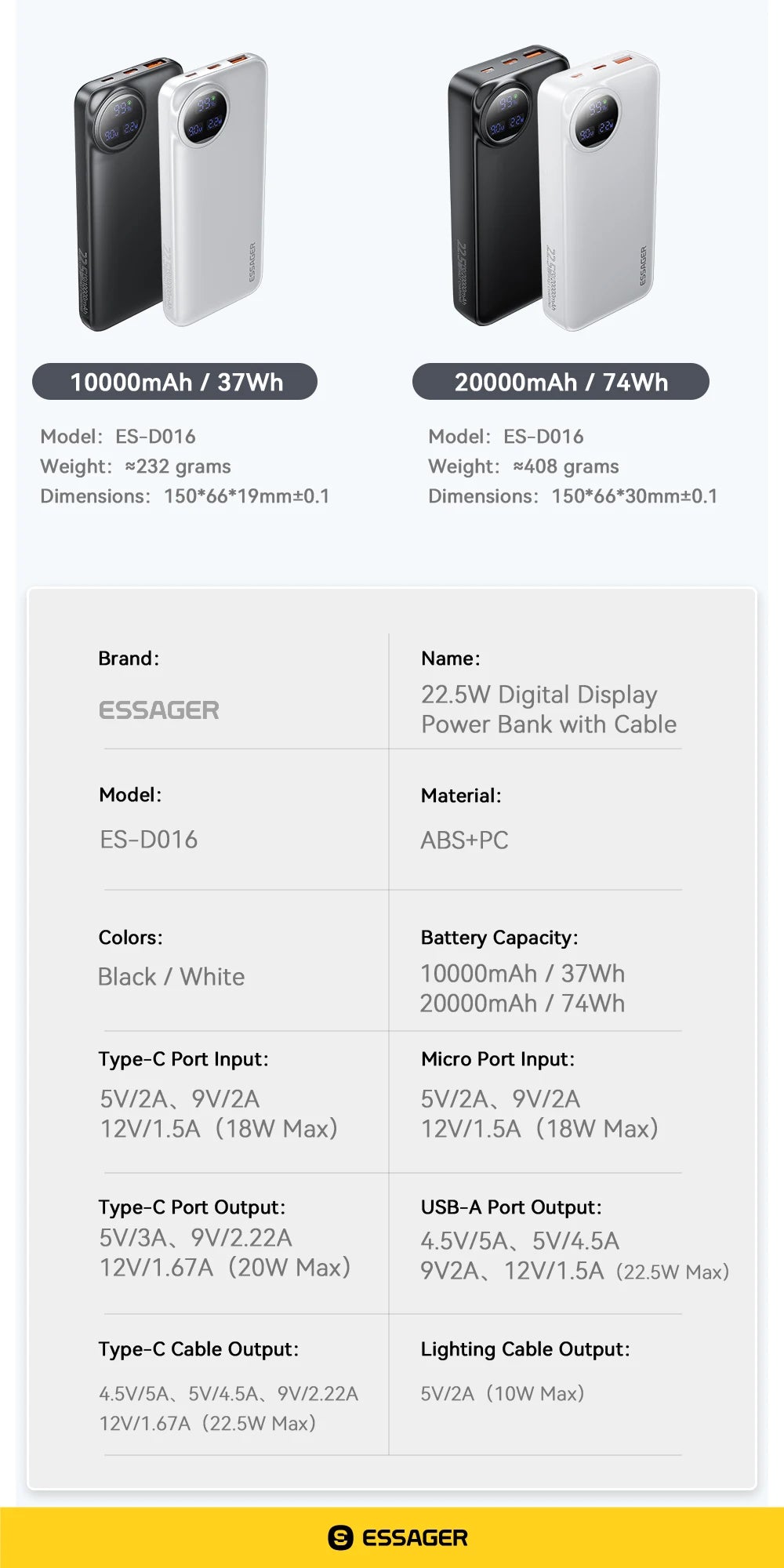 Essager Power Bank 30000mAh 22.5W PD Fast Charging Portable Powerbank 20000mAh/10000mAh For iPhone 16 15 14pro Max Huawei Xiaomi