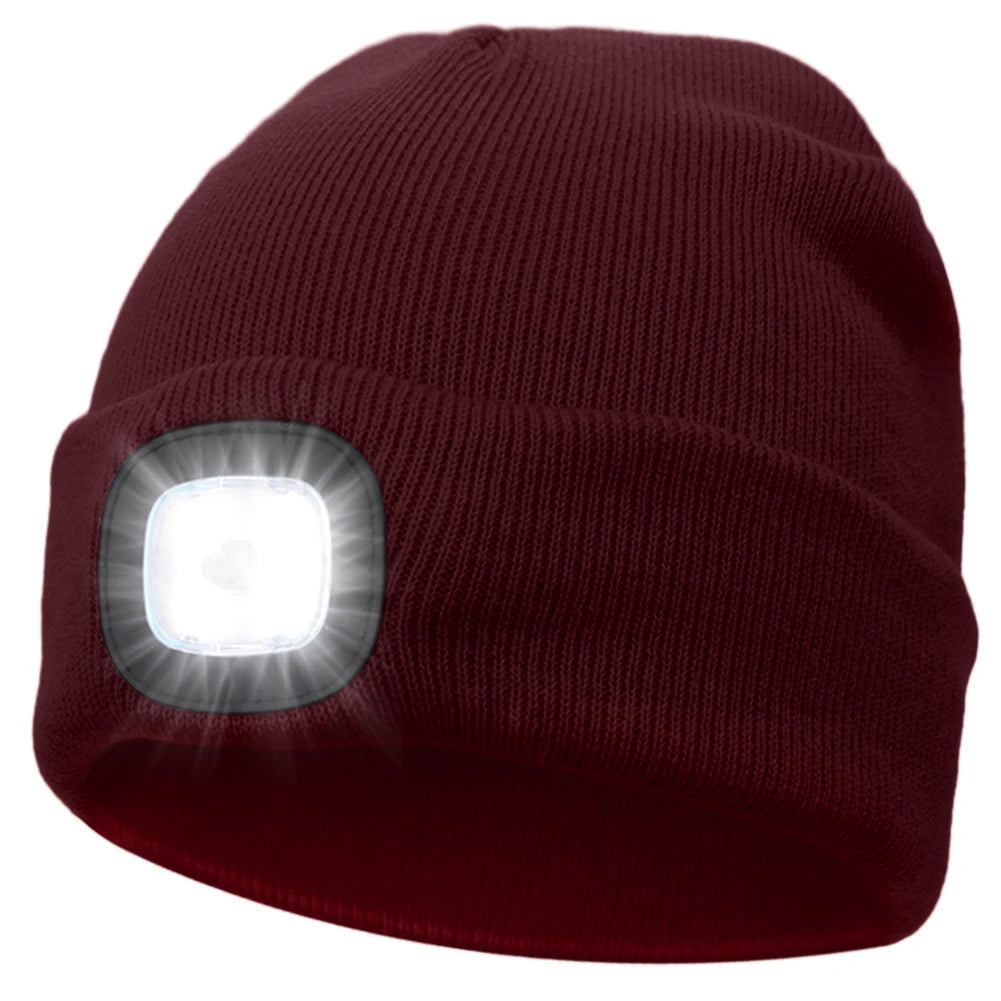 Winter Warm Knit Beanie 8 Hours High Powered Light 4 LED Beanie Hat USB Rechargeable Hands Free Headlamp Cap for Running Hiking