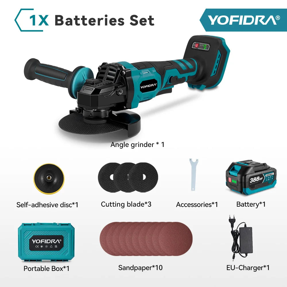 YOFIDRA 2in1 125mm Electric Brushless Angle Grinder 3Gears Woodworking Polisher Cutter Machine Power Tool For Makita Battery Pin