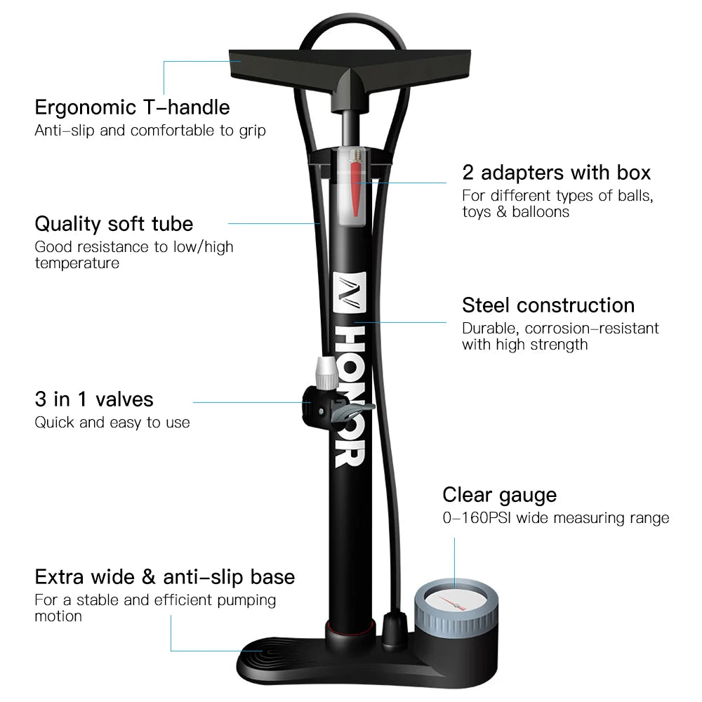 160PSI Bike Air Pump with Gauge Presta & Schrader Valves Bicycle Floor Pump Tire Tube Inflator with Multifunction Ball Needle Bi