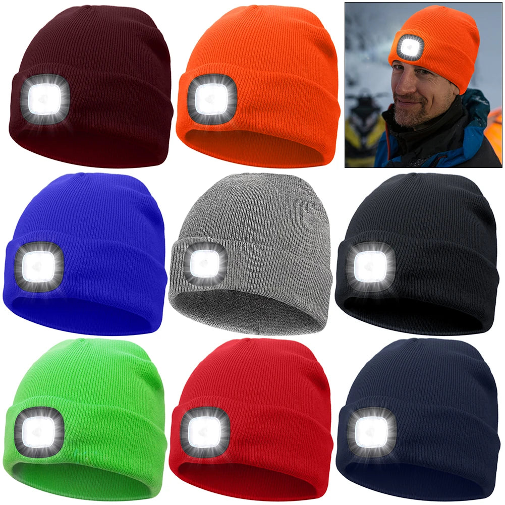Winter Warm Knit Beanie 8 Hours High Powered Light 4 LED Beanie Hat USB Rechargeable Hands Free Headlamp Cap for Running Hiking