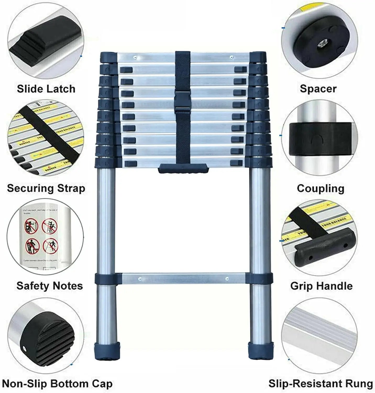 3.2M Telescopic Ladder 10.5FT Multi-Purpose Stainless Steel Telescoping Ladder Extendable Portable Sturdy Loft Ladder with EN131