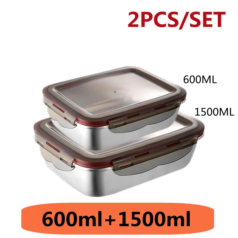 304 Stainless Steel Lunch Box Sealed Food Bento Box Refrigerator Square Microwave Heating Preservation Box Picnic Storage Box