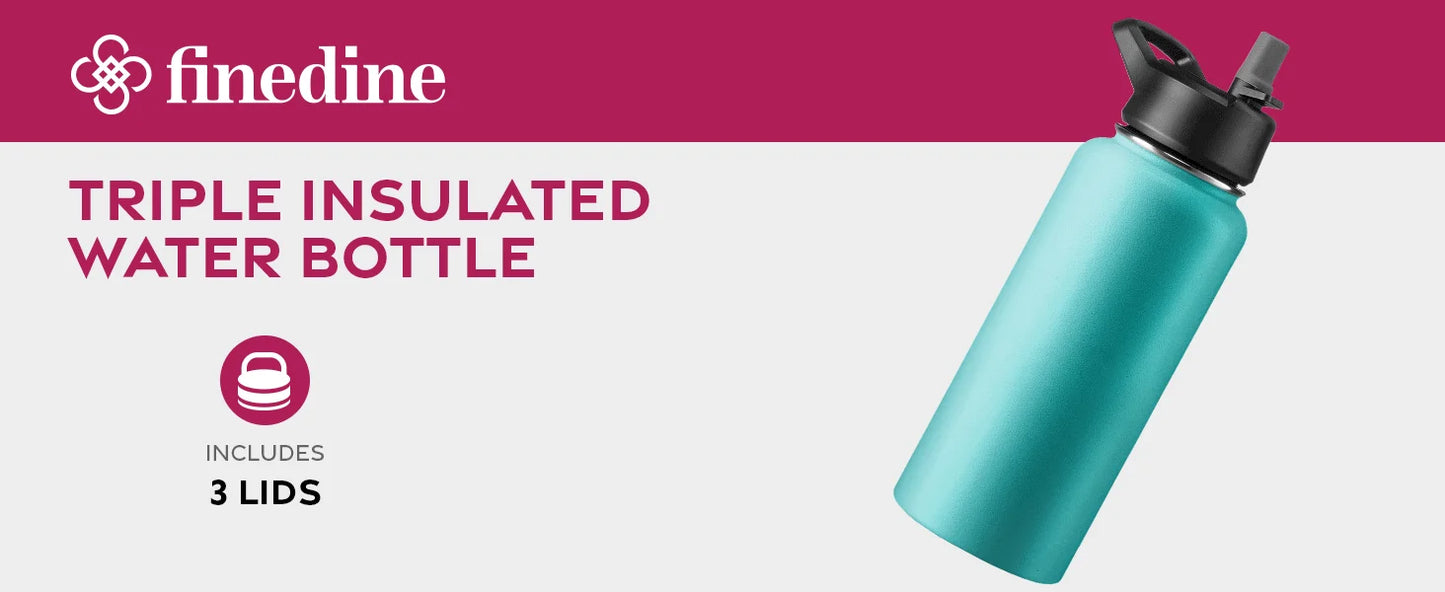 FineDine Triple Walled, Insulated Water Bottles with Straw - 32 Oz Stainless Steel Metal Bottle W/ 3 Leak Proof