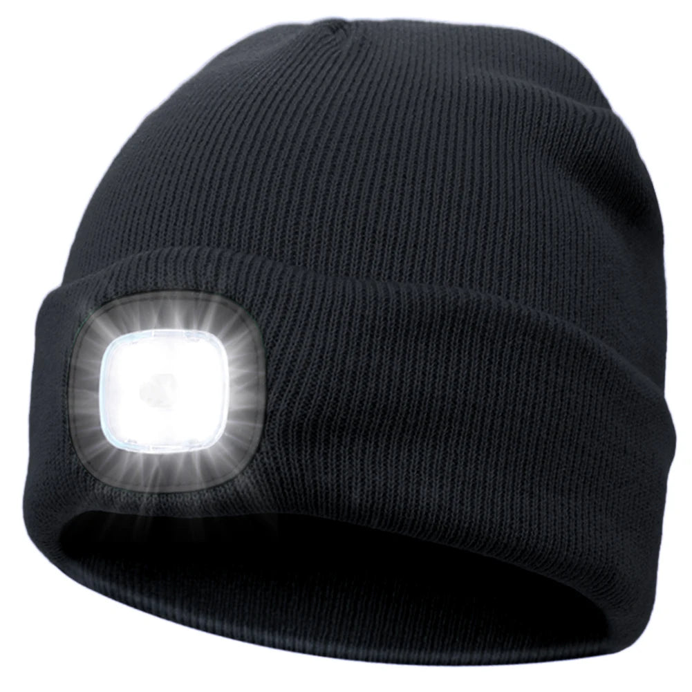 Winter Warm Knit Beanie 8 Hours High Powered Light 4 LED Beanie Hat USB Rechargeable Hands Free Headlamp Cap for Running Hiking