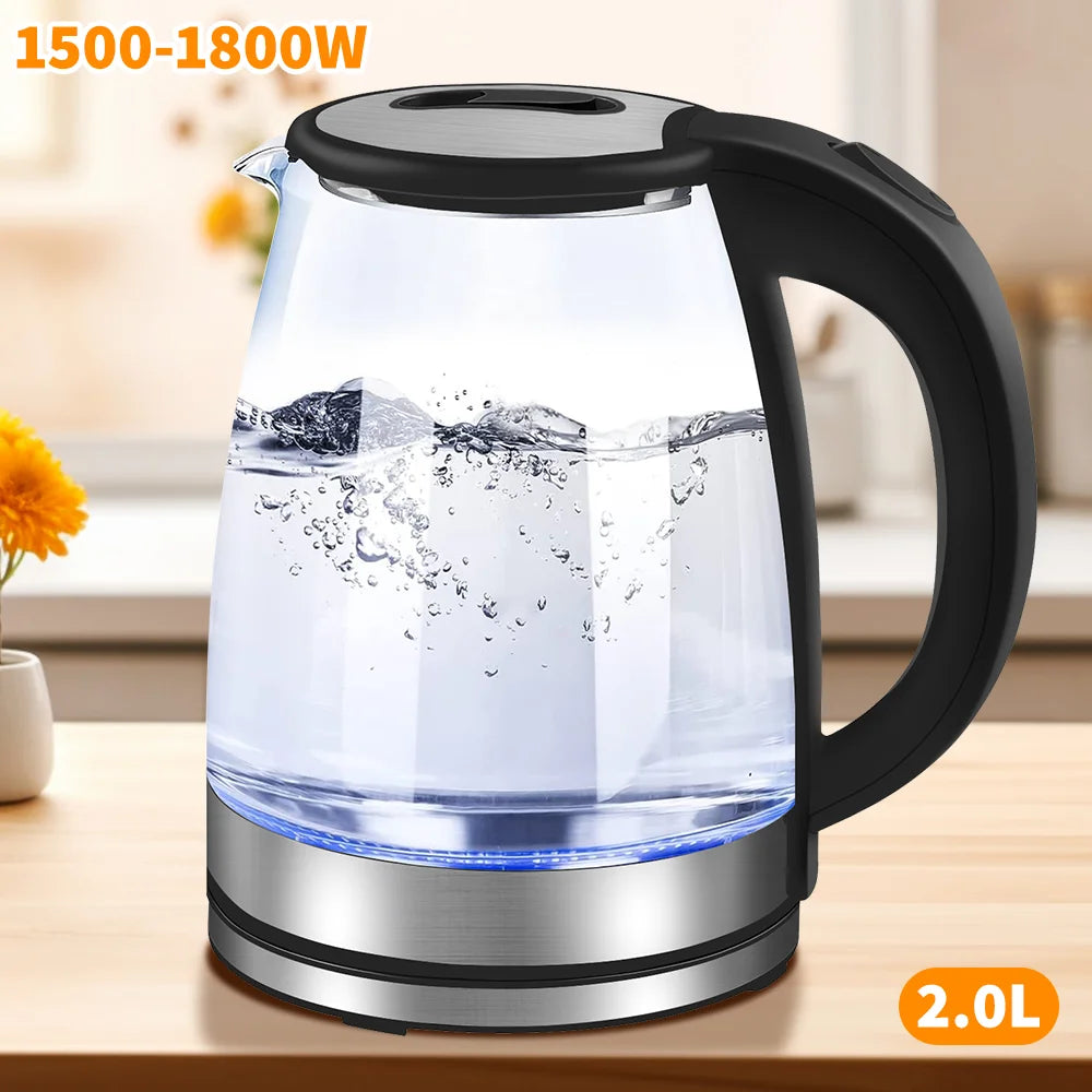 2L 1800W Electric Kettle Glass Fast Boil Blue LED household appliance With Stainless Steel Fast Boiling Portable Jug Security