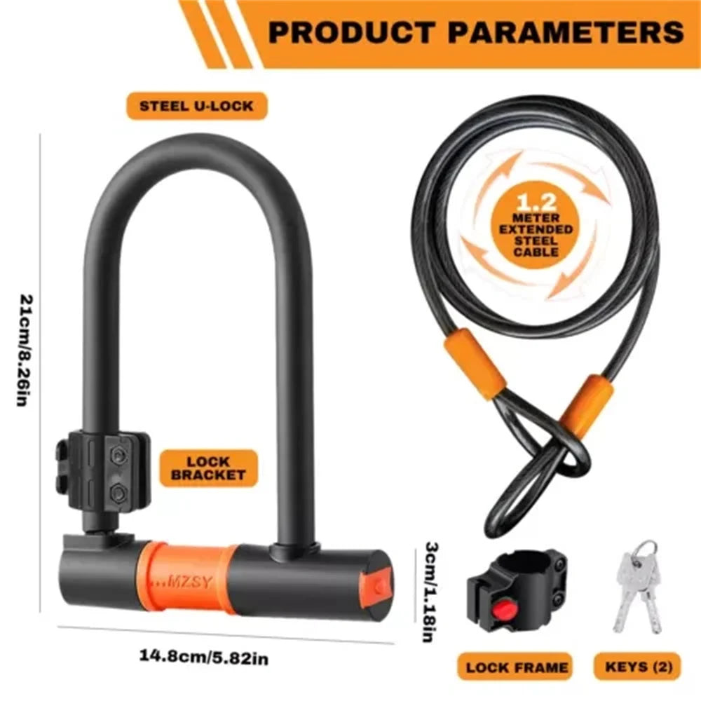 Heavy Duty U Shaped Bike Lock Bicycle D-Lock with Two Keys 1.2M Cable Bracket Anti-theft Bike Lock Cable Set