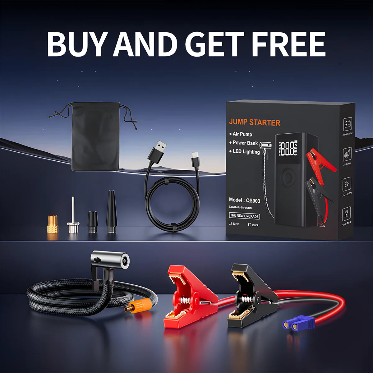 4 In 1 5000A Car Jump Starter 150PSI Air Pump 12V Battery Booster for 8.0L Gasoline and 6.0L Diesel Engines