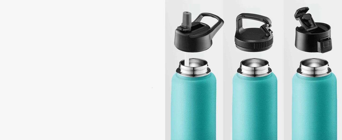 FineDine Triple Walled, Insulated Water Bottles with Straw - 32 Oz Stainless Steel Metal Bottle W/ 3 Leak Proof
