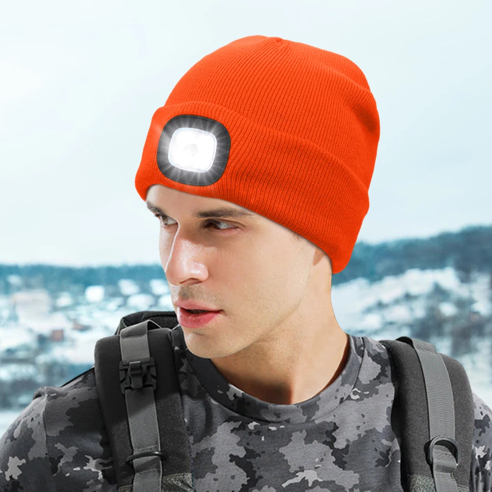 Winter Warm Knit Beanie 8 Hours High Powered Light 4 LED Beanie Hat USB Rechargeable Hands Free Headlamp Cap for Running Hiking