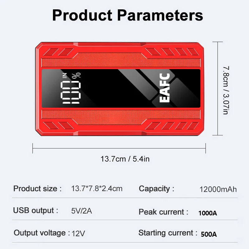 EAFC 1000A/1200A Jump Starter Power Bank Portable Charger Starting Device for 3.0L Emergency Car Battery Jump Starter