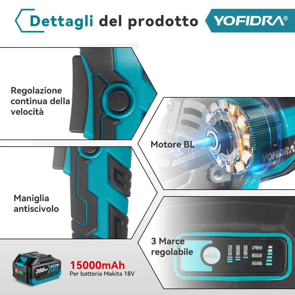 YOFIDRA 2in1 125mm Electric Brushless Angle Grinder 3Gears Woodworking Polisher Cutter Machine Power Tool For Makita Battery Pin