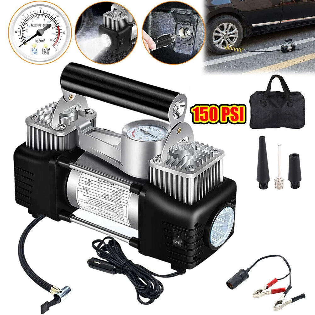 12V Portable Dual Cylinder Air Pump 150PSI Electric Car Tyre Inflator Automotive Inflation Pump Portable Dual Purpose Air Pump