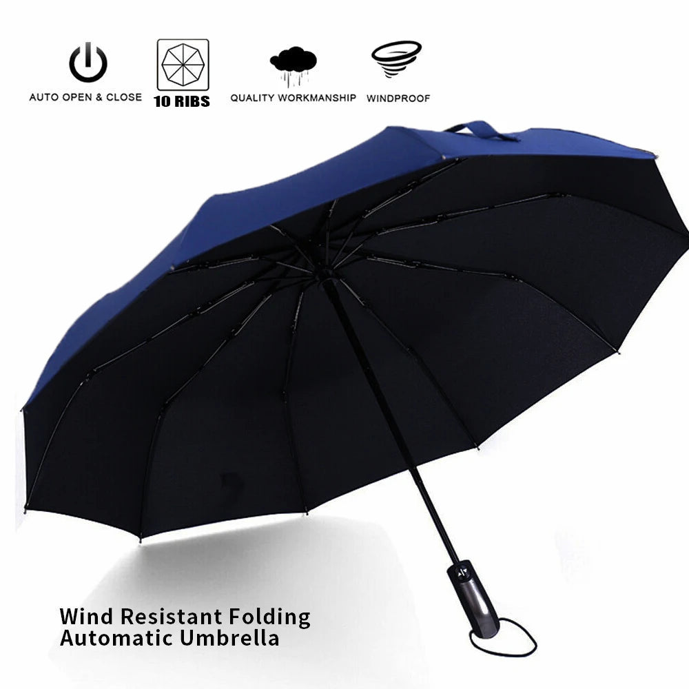 Large 10 Ribs Umbrella Strong Automatic Open & Close Folding Rain Windproof Rainproof and Durable Canopy Design Versatile Travel