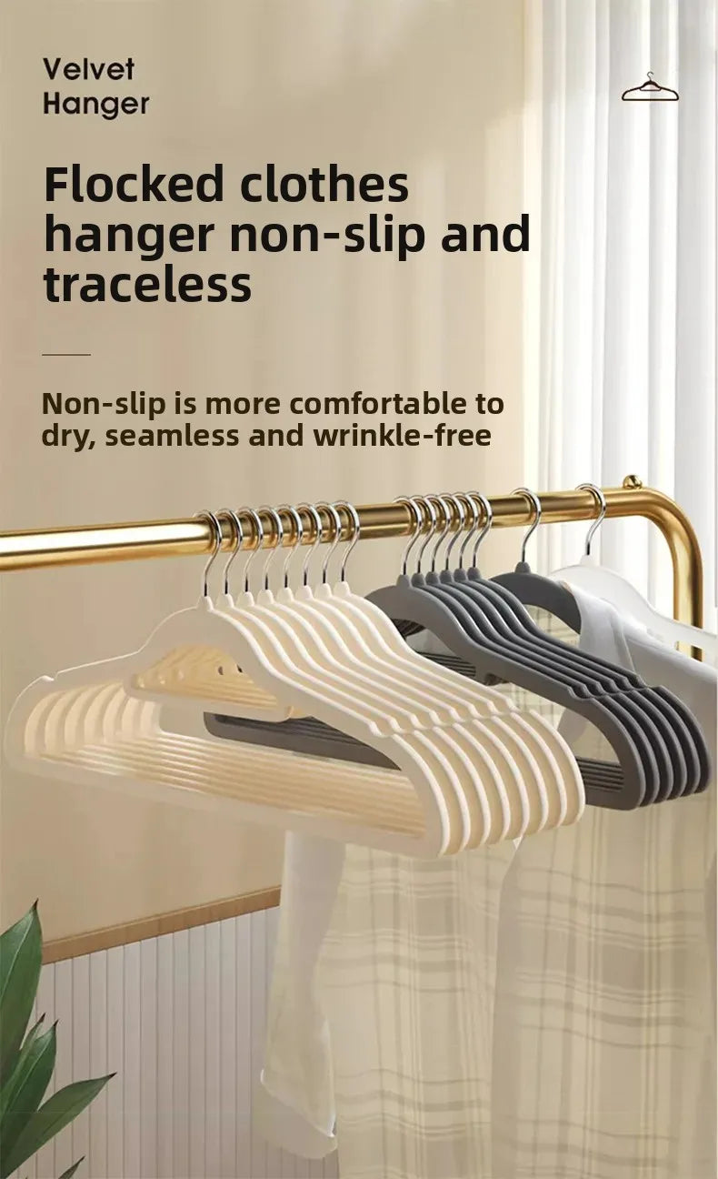 Home Use Flocking Clothes Hanger Anti-Slip Shirt Drying Rack Store Shoulder Corner Seamless Hanging Closet Storage Tool