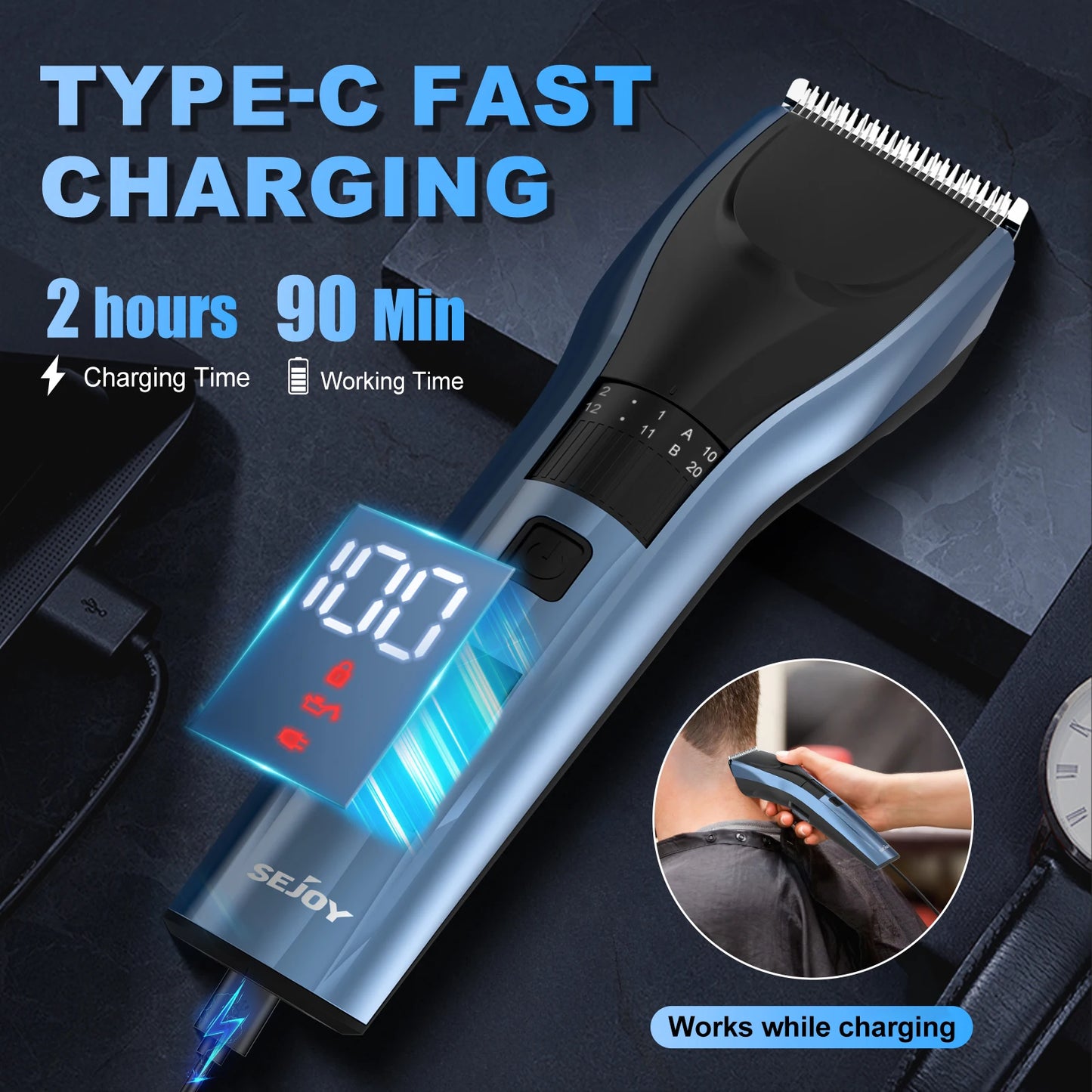 Sejoy Electric Hair Clipper For Men, 20 Gears Adjustable Hair Cut Machine Hair Trimmer Professional Rechargeable Hair Cut Barber