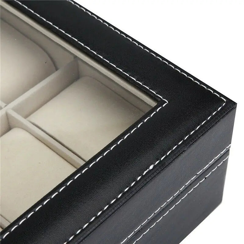 12 Grids PU Leather Watch Display Case Organizer Top Glass Bracelet Jewelry Collection Storage Holder Exquisite Box