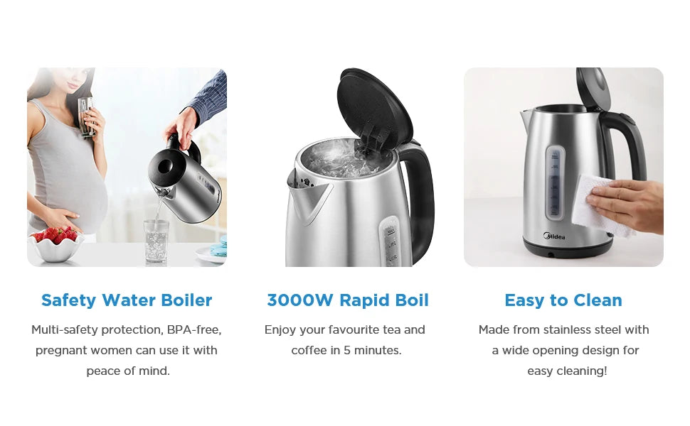 Electric Kettle 3000W Fast Boil 1.7L Stainless Steel Kettle with LED Indicator,Water Level Indicator, Dry Burn Protection
