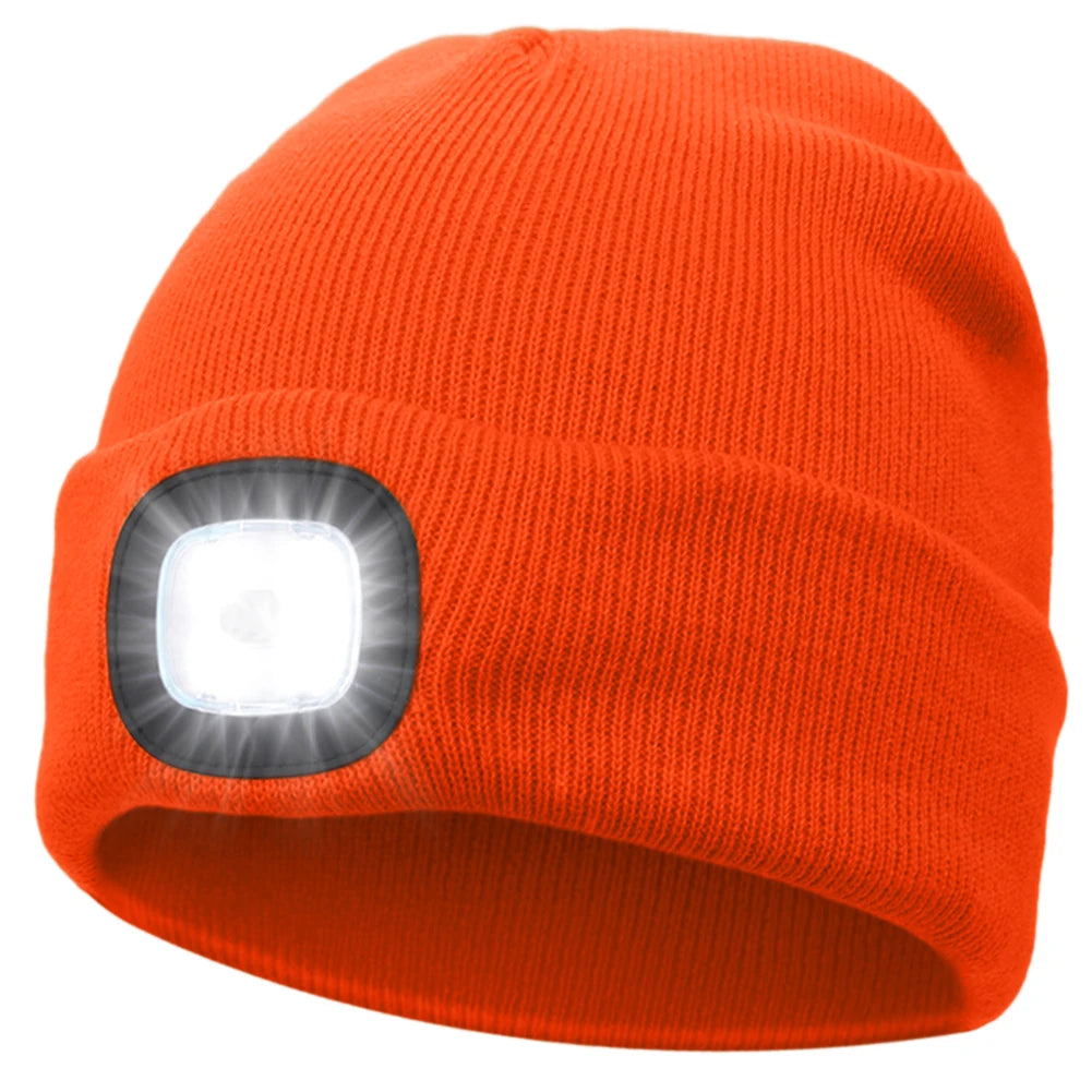 Winter Warm Knit Beanie 8 Hours High Powered Light 4 LED Beanie Hat USB Rechargeable Hands Free Headlamp Cap for Running Hiking