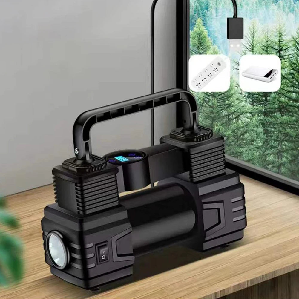12V 150PSI Mini Air Compressor Dual Cylinder with LED Light Heavy Duty Tire Inflator Car Electric Air Pump Auto Inflatable Pump