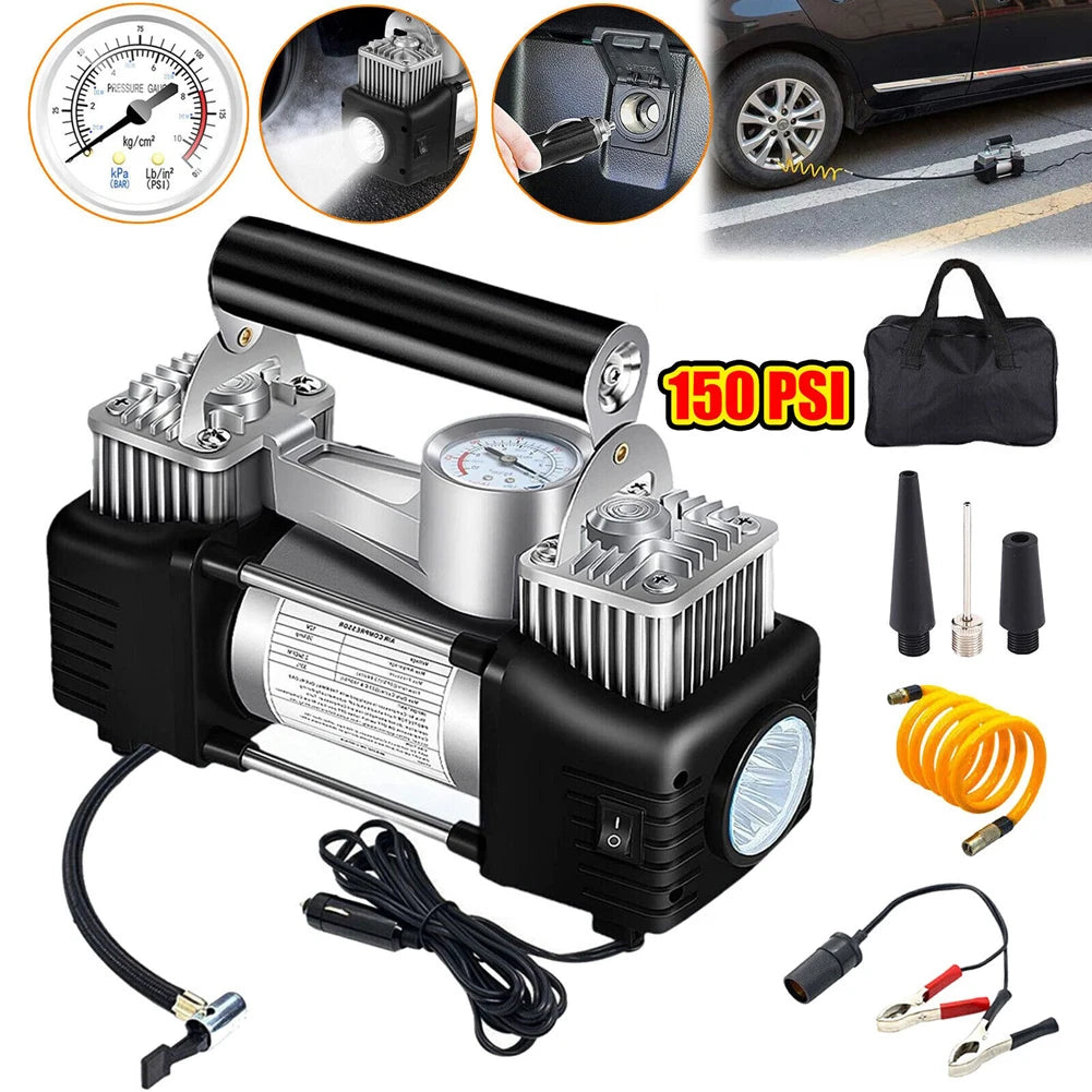 12V Portable Dual Cylinder Air Pump 150PSI Electric Car Tyre Inflator Automotive Inflation Pump Portable Dual Purpose Air Pump