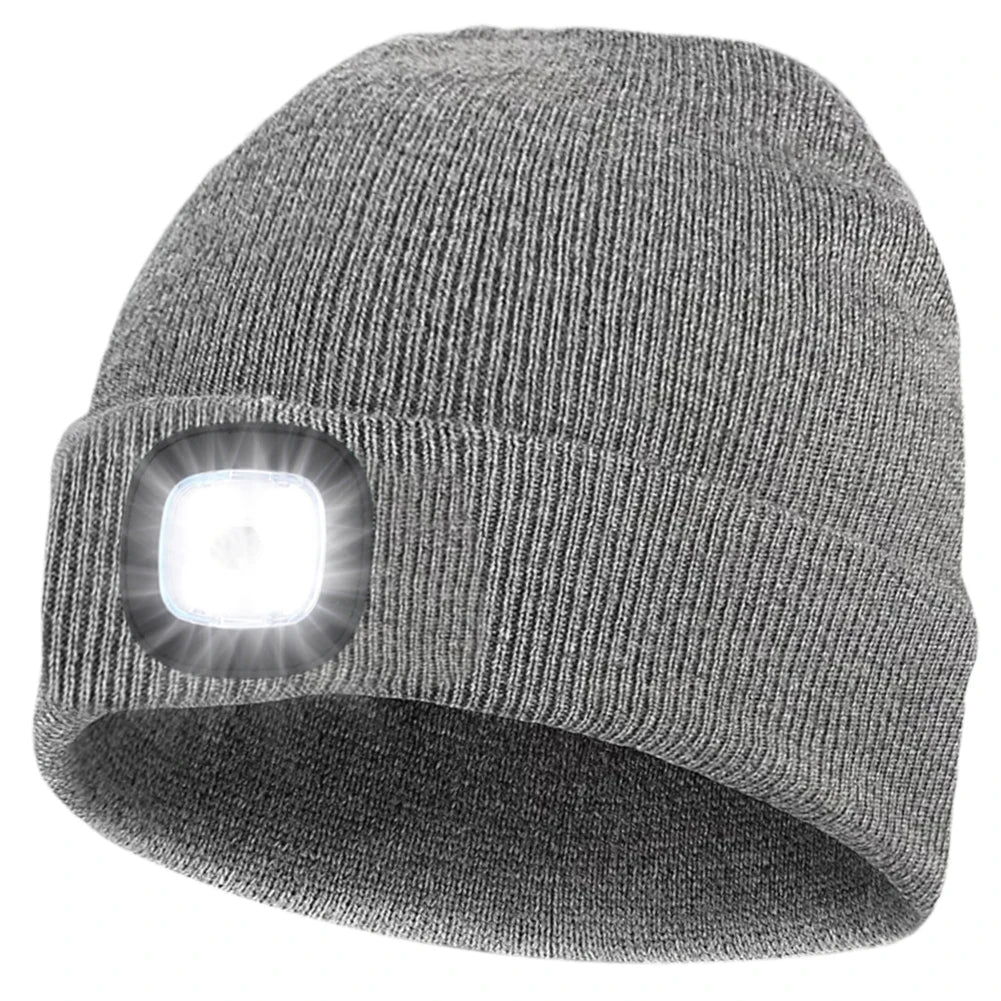 Winter Warm Knit Beanie 8 Hours High Powered Light 4 LED Beanie Hat USB Rechargeable Hands Free Headlamp Cap for Running Hiking