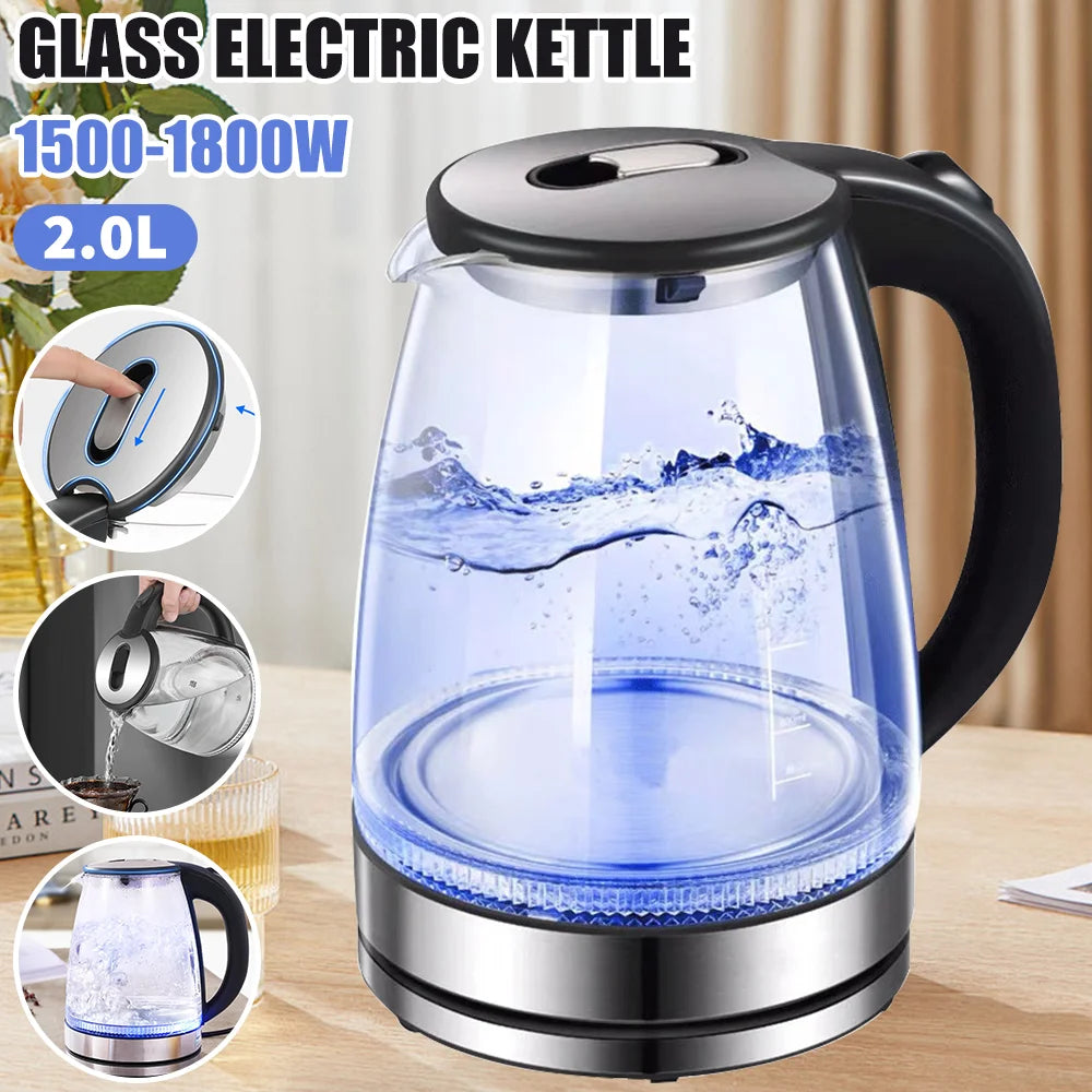 2L 1800W Electric Kettle Glass Fast Boil Blue LED household appliance With Stainless Steel Fast Boiling Portable Jug Security