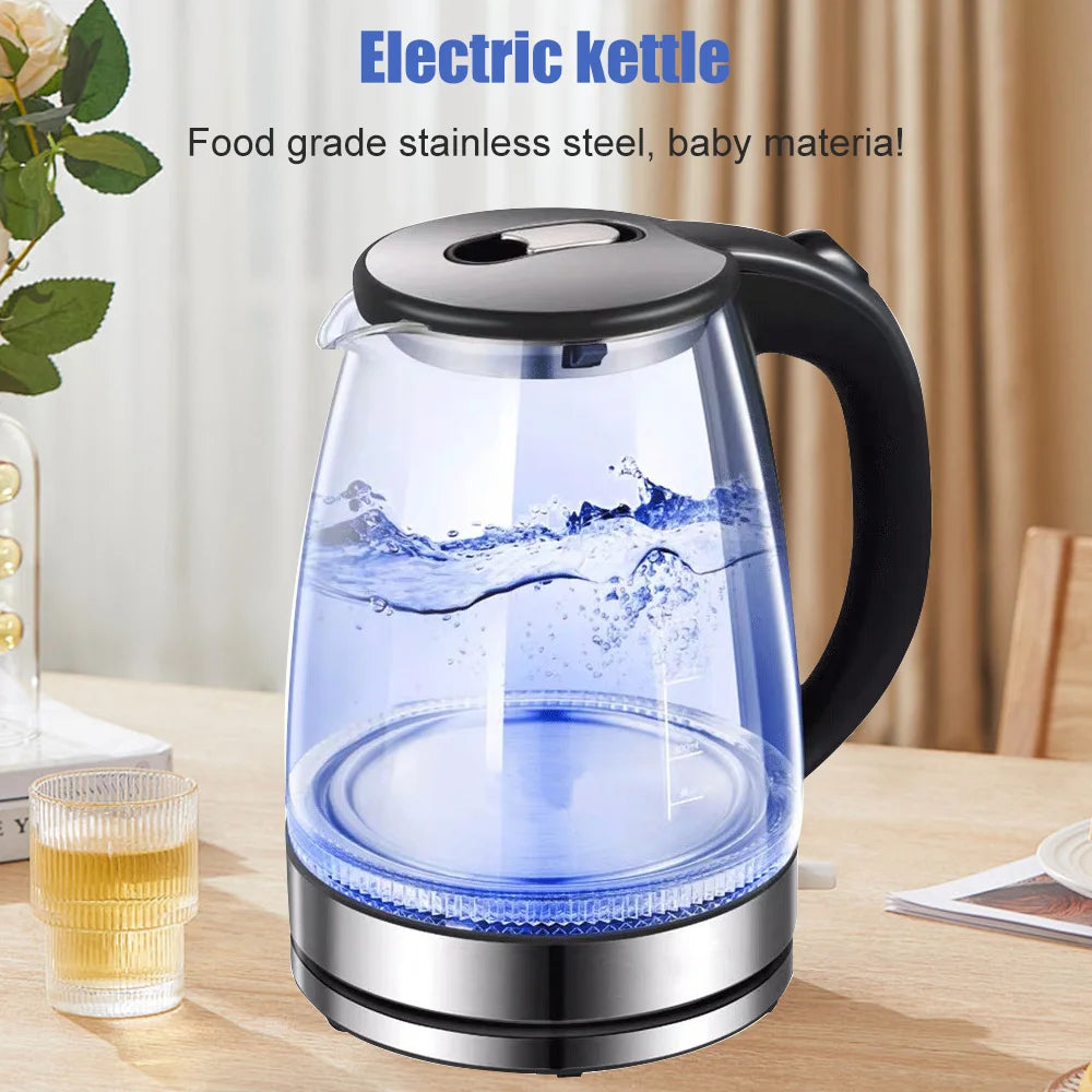 2L 1800W Electric Kettle Glass Fast Boil Blue LED household appliance With Stainless Steel Fast Boiling Portable Jug Security