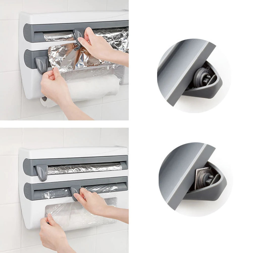 ABS Material Wall Mounted Kitchen Cling Film Dispenser with Cutter, Cling Film Aluminum Foil Roll Holder Paper Towel Holder Grey