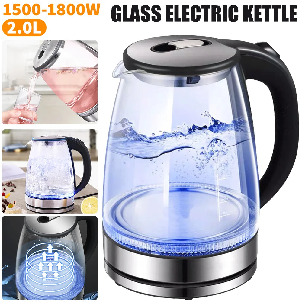 2L 1800W Electric Kettle Glass Fast Boil Blue LED household appliance With Stainless Steel Fast Boiling Portable Jug Security
