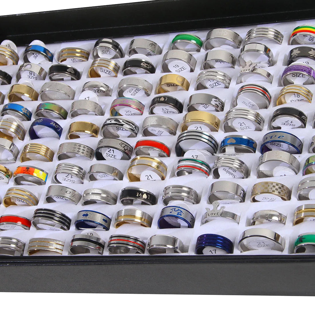 100pcs Mixed Rings Wholesale Lot Bulk Finger Band Rings for Men Women Birthday Jewelry Gift with Box