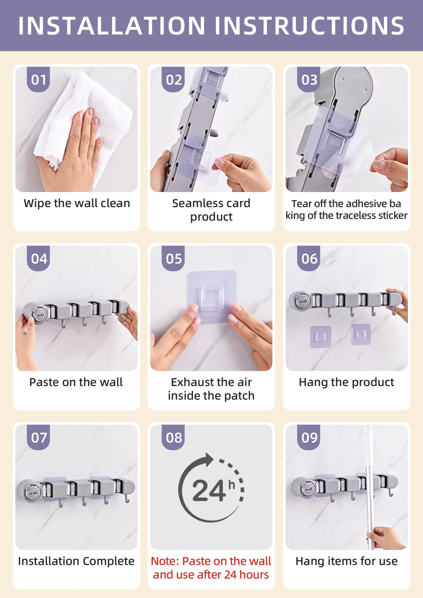 Wall Mounted Mop Organizer Broom Holder Mop Clip Stand Brush Rack Hanging Pipe Hook Kitchen Storage Bathroom Accessories Tools